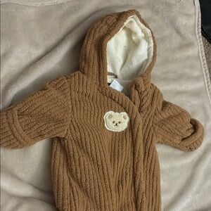 Brown Hooded Baby Onesie with Bear Patch